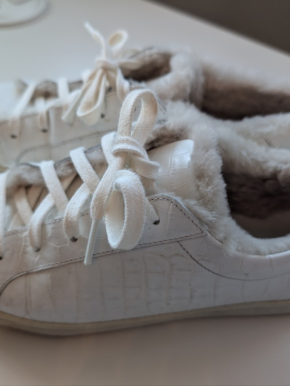 FREDA SALVADOR Women's White Faux-Fur Lined Leather Sneakers - Size 37
